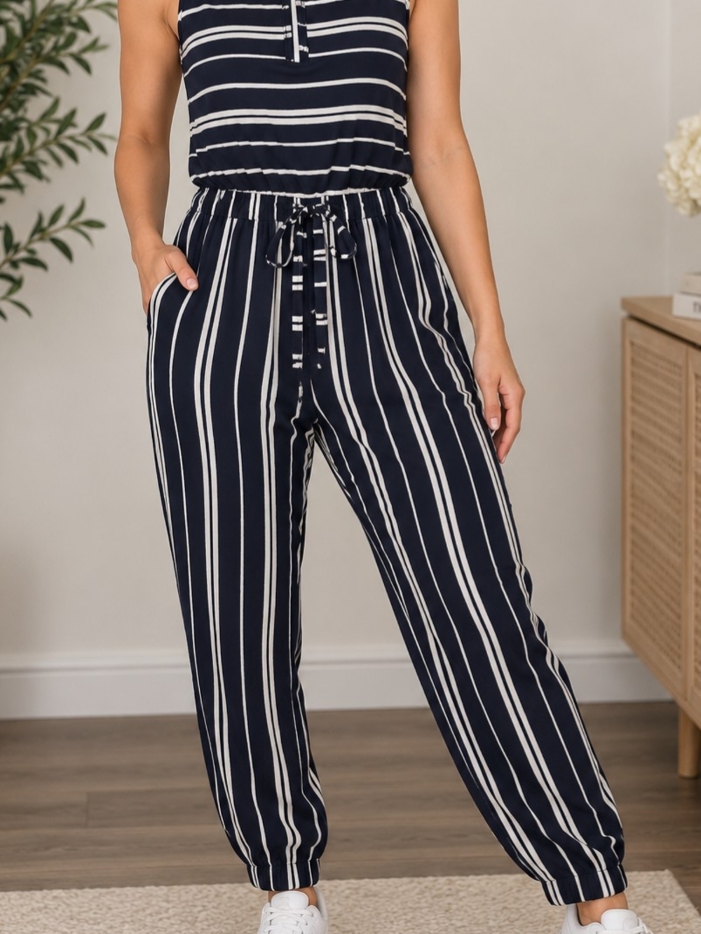 Old Navy Navy and White Striped Jogger Jumpsuit
